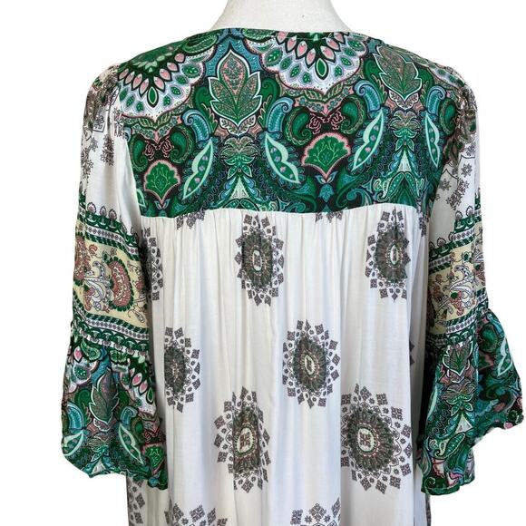 Umgee Sz M Boho Shift Mini Dress Bell Sleeves Tassel Tie Green Paisley Print - Picture 12 of 16
